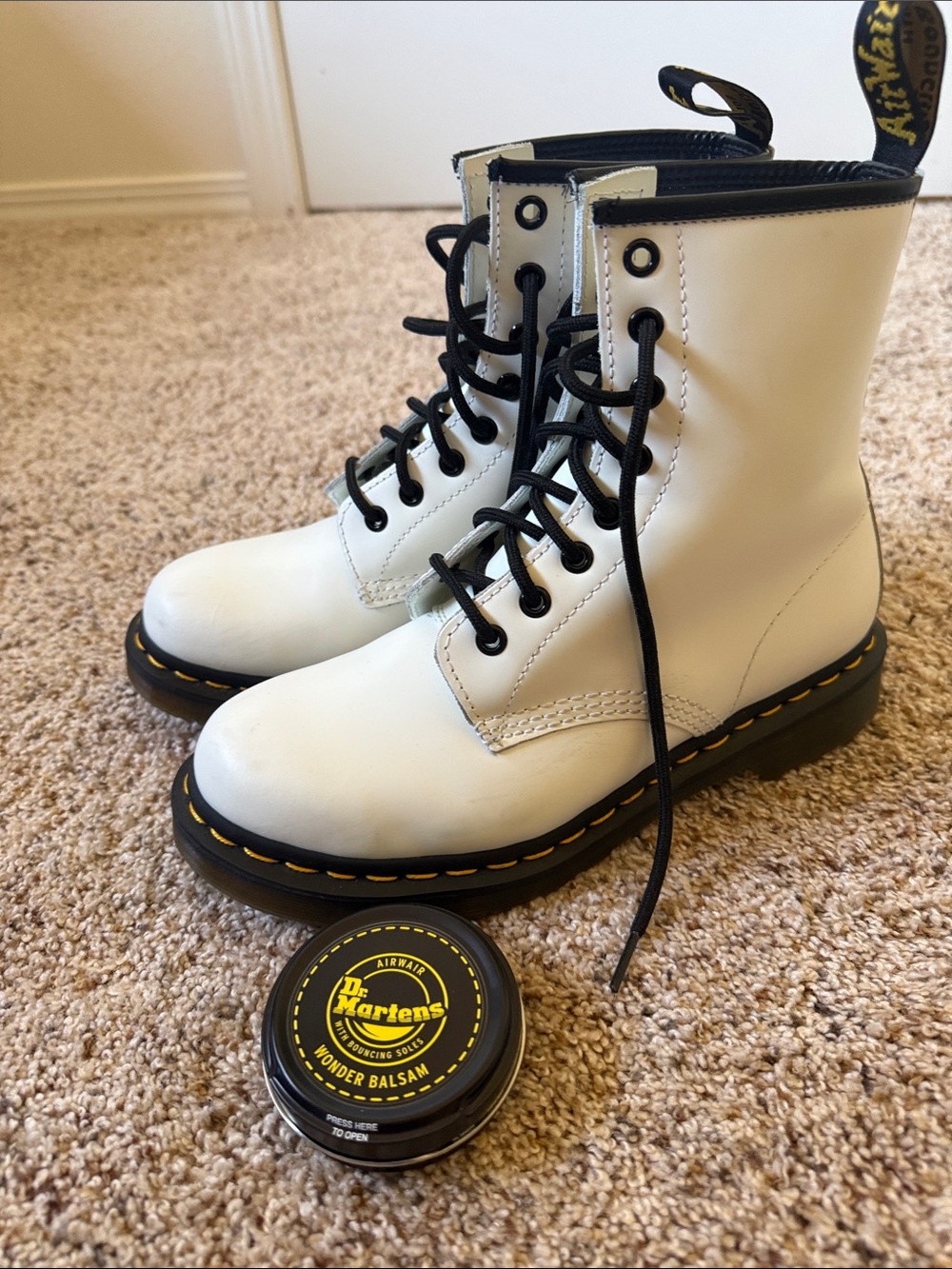 Dr. Martens White Leather Lace-Up Boots with Black Trim